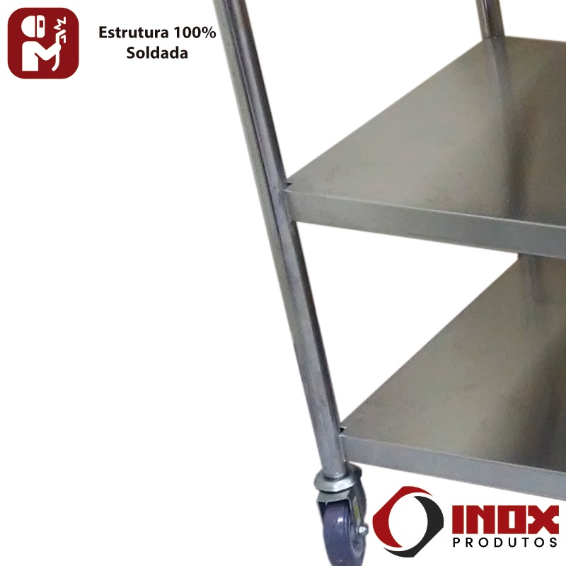 MESA INOX COM 2 PRATEIRAS LISAS E RODÍZIOS - MODELO 27 - INOX 430 - 100X60X90 CM