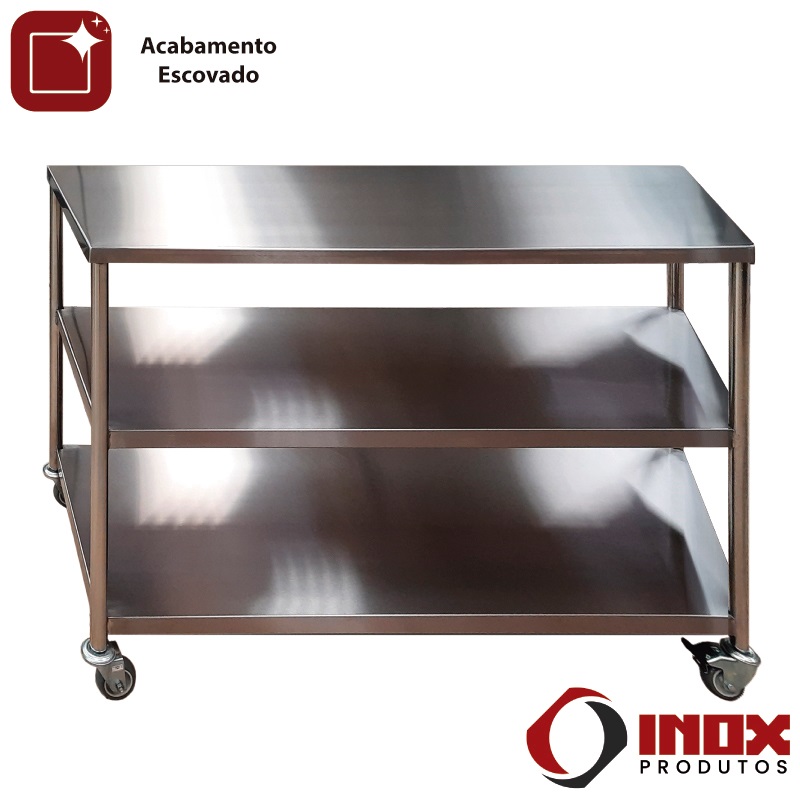 MESA INOX COM 2 PRATEIRAS LISAS E RODÍZIOS - MODELO 27 - INOX 430 - 100X60X90 CM