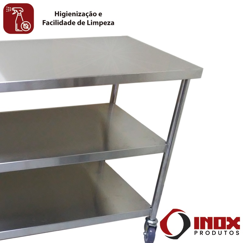 MESA INOX COM 2 PRATEIRAS LISAS E RODÍZIOS - MODELO 27 - INOX 430 - 100X60X90 CM