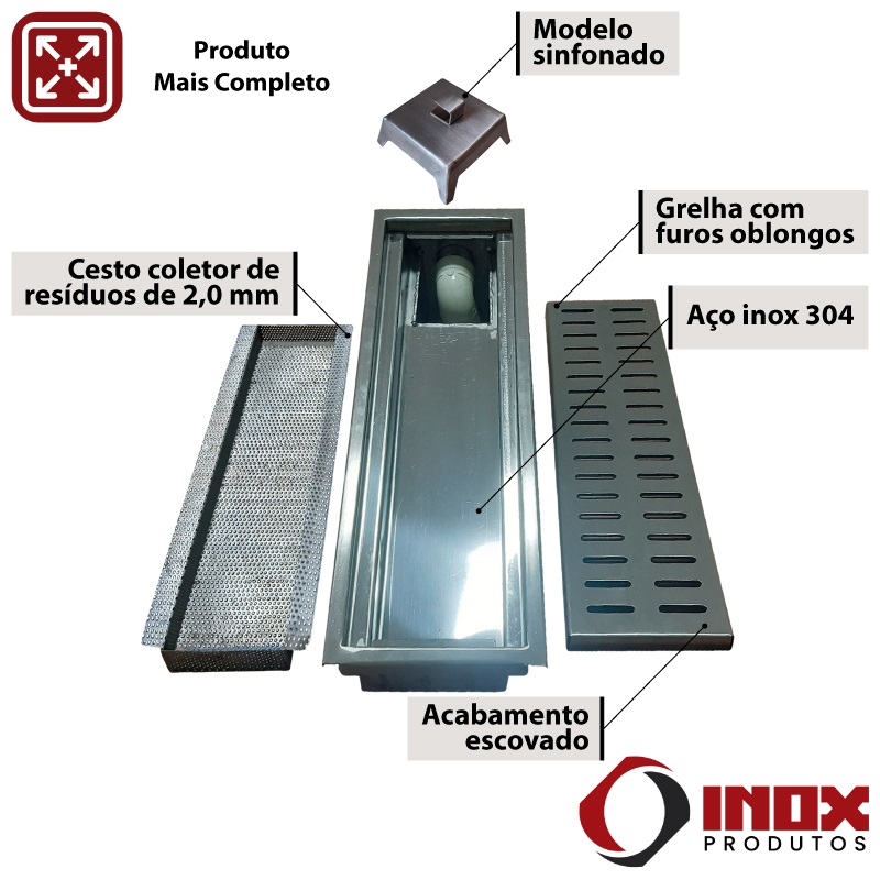 RALO INOX CLASSIC COM SIFÃO INOX E SAÍDA EM BAIXO NA PONTA - INOX 304 - 200X20X12 CM