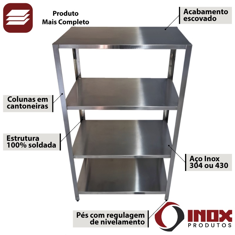 PRATELEIRA INOX COM 4 PLANOS LISOS - MODELO 03 - INOX 430 - 120X50X180 CM