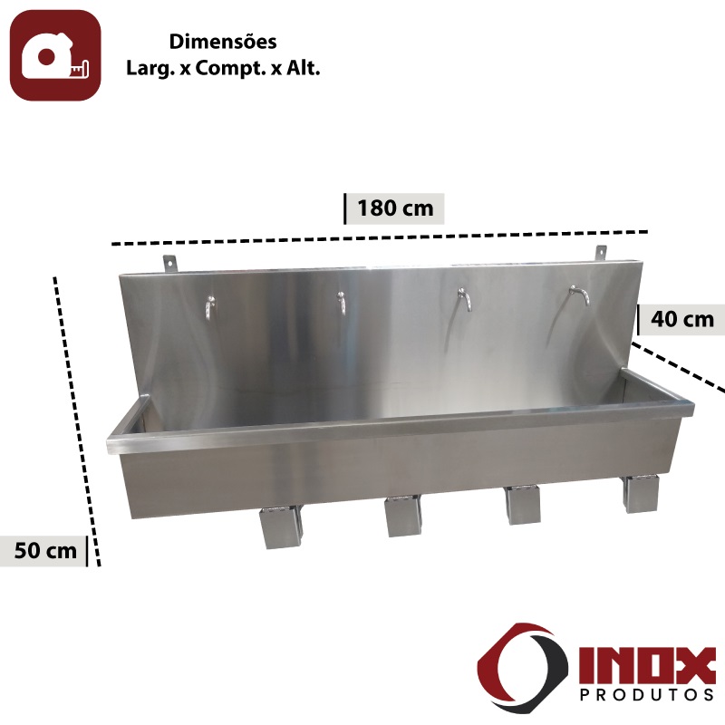 LAVATÓRIO DE MÃOS INOX COM ACIONAMENTO POR JOELHO - MODELO 04 - INOX 430 - 4 TORNEIRAS - 180X40X50 CM