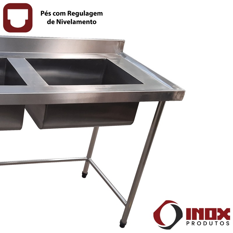 PIA INOX CONTRAVENTADA COM 02 CUBAS - MODELO 06 - INOX 430 (TAMP. RET.) - 150X70X90 CM - CUBAS 50X40X30 CM