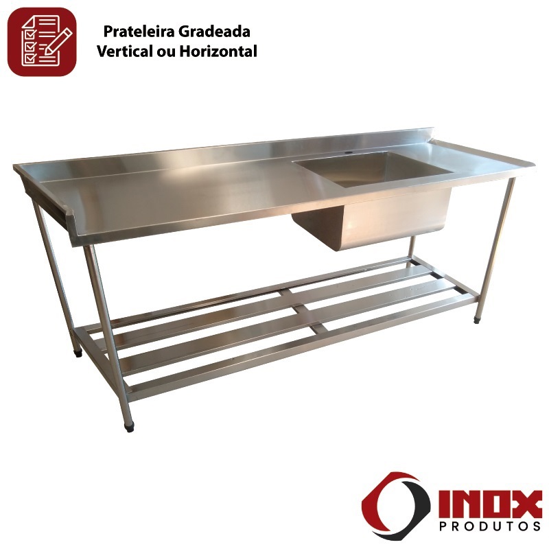 PIA INOX COM PRATELEIRA GRADEADA E 01 CUBA - MODELO 02 - INOX 430 (TAMP. RET.) - 300X70X90 CM - CUBA 60X50X30 CM