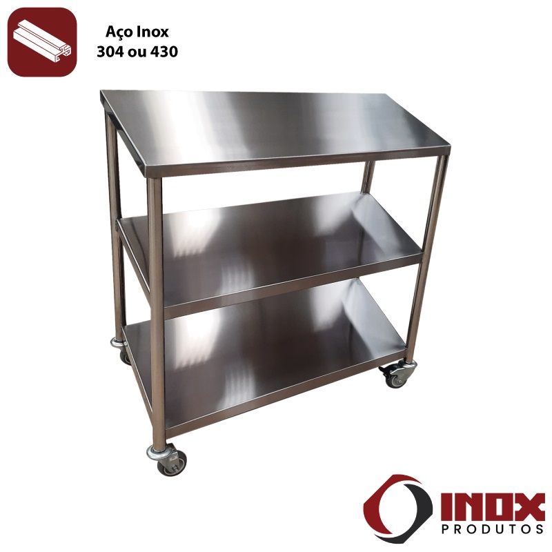 MESA INOX COM 2 PRATEIRAS LISAS E RODÍZIO...