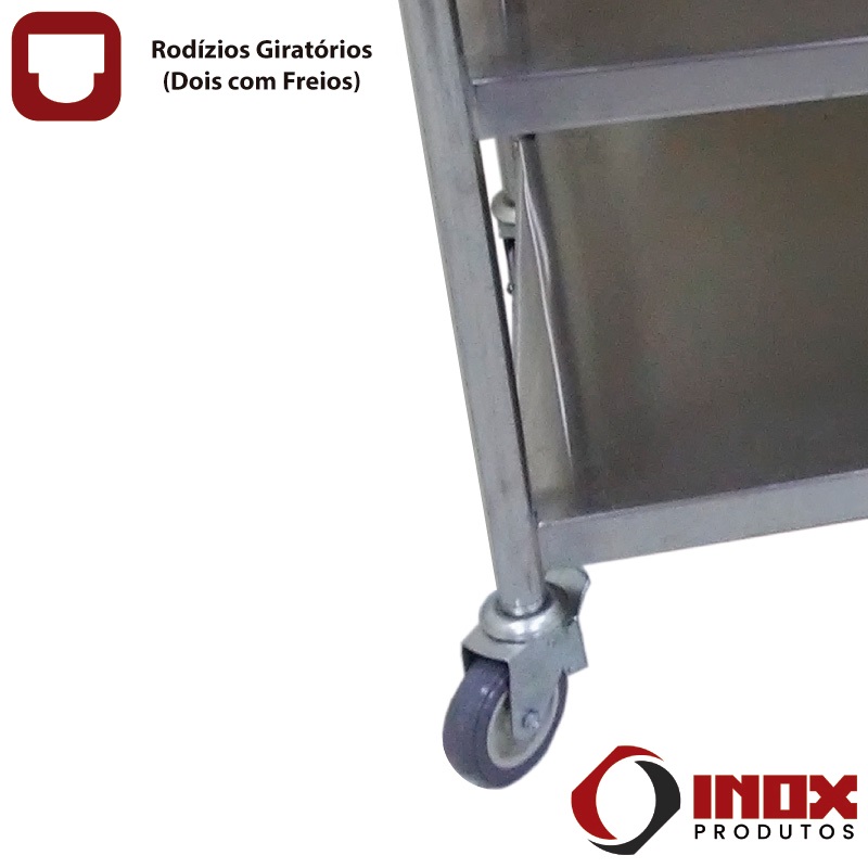 MESA INOX COM 2 PRATEIRAS LISAS E RODÍZIO...