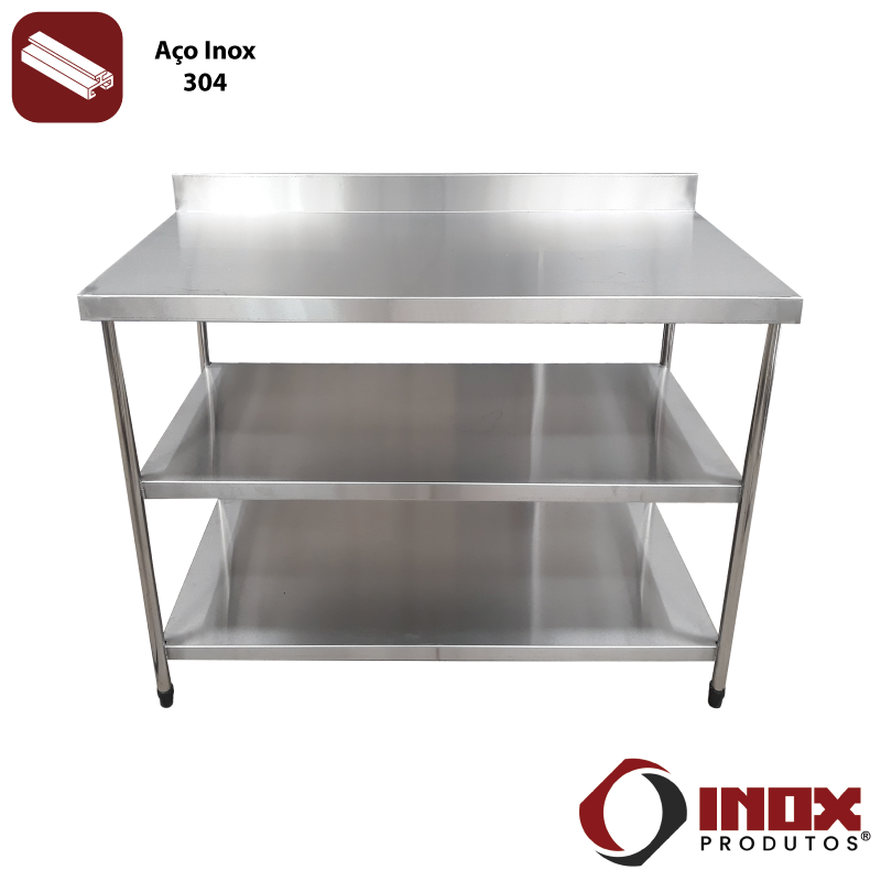 MESA INOX COM FRONTÃO E 2 PRATELEIRAS LIS...